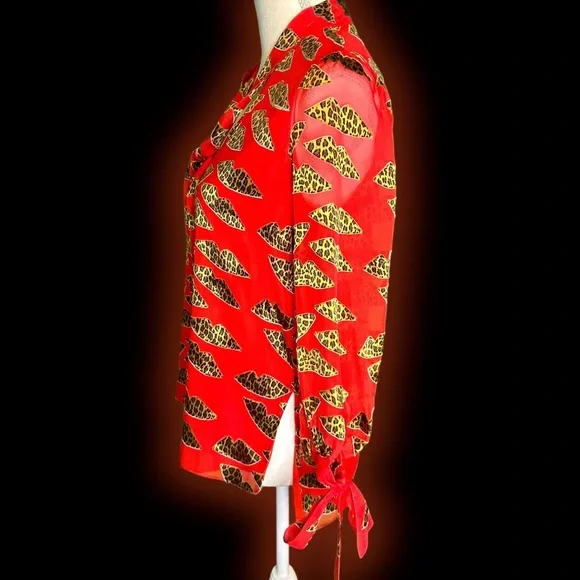 Alice + Olivia ‘Sheila’ Leopard Lips Red Burnout Tie-Neck Top Size XS ASO Kelly - Picture 13 of 16